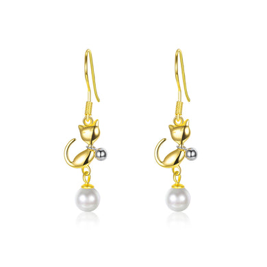 925 Sterling Silve Gold Plated Elegant Fashion Cute Cat Pearl Earrings