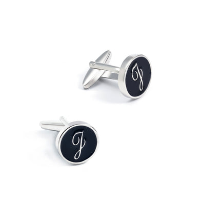 Fashion Simple English Alphabet J Black Geometric Round Cufflinks