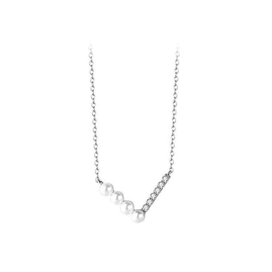 925 Sterling Silver Fashion and Simple V-shaped Geometric Imitation Pearl Pendant with Cubic Zirconia and Necklace