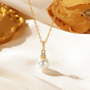 925 Sterling Silver Plated Gold Simple and Elegant Geometric Imitation Pearl Pendant with Cubic Zirconia and Necklace