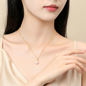 925 Sterling Silver Plated Gold Simple and Elegant Geometric Imitation Pearl Pendant with Cubic Zirconia and Necklace