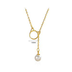 925 Sterling Silver Plated Gold Simple Cute Cat Tassel Imitation Pearl Pendant with Necklace