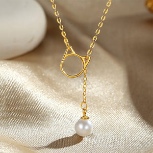 925 Sterling Silver Plated Gold Simple Cute Cat Tassel Imitation Pearl Pendant with Necklace