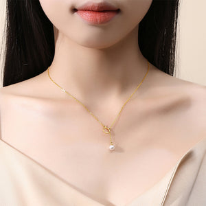 925 Sterling Silver Plated Gold Simple Cute Cat Tassel Imitation Pearl Pendant with Necklace