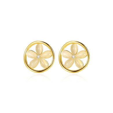 925 Sterling Silver Plated Gold Simple Elegant Flower Cats Eye Stud Earrings with Cubic Zirconia