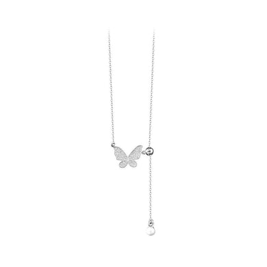 925 Sterling Silver Simple Cute Butterfly Tassel Pendant with Cubic Zirconia and Necklace