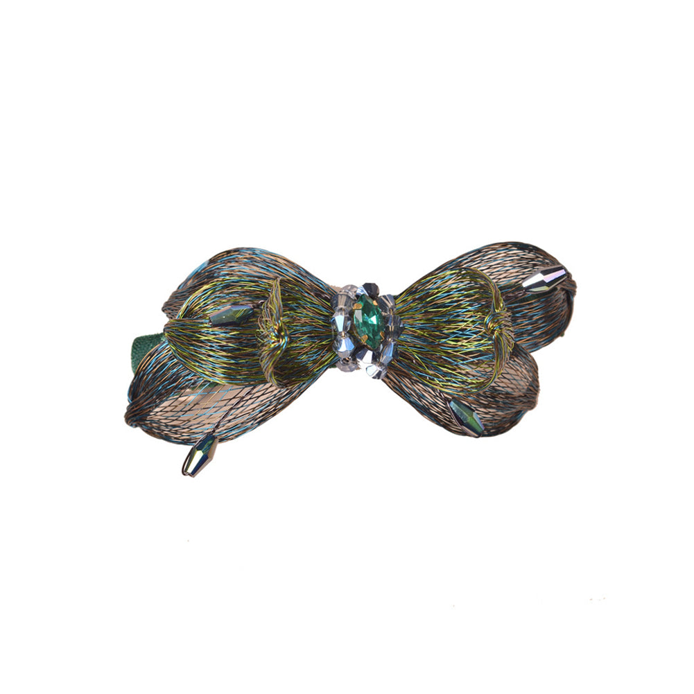 Simple Sweet Green Ribbon Hair Slides with  Cubic Zirconia