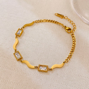 Fashion and Simple Plated Gold 316L Stainless Steel Geometric Cube Bracelet with White Cubic Zirconia