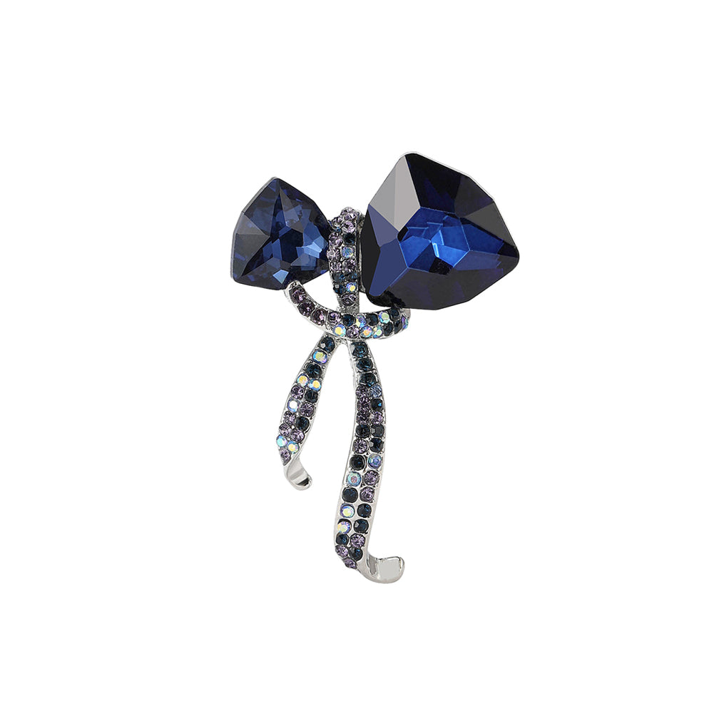 Fashion Bright Plated Gold Ribbon Brooch with Blue Cubic Zirconia