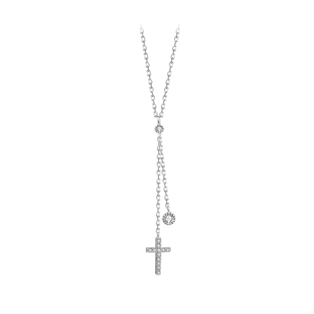 925 Sterling Silver Simple Fashion Cross Tassel Pendant with Cubic Zirconia and Necklace