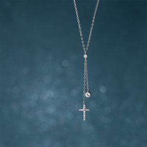 925 Sterling Silver Simple Fashion Cross Tassel Pendant with Cubic Zirconia and Necklace