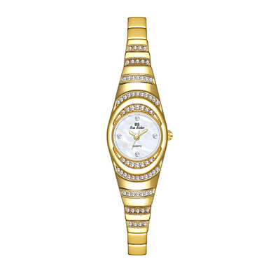 BS Fashion Simple Gold Quartz Watch 18mm Diameter Striped Metal Strap with Cubic Zirconia