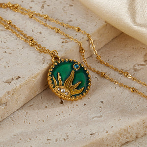 Fashion Personality Plated Gold 316L Stainless Steel Sun Enamel Round Pendant with Cubic Zirconia and Necklace