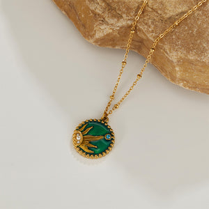 Fashion Personality Plated Gold 316L Stainless Steel Sun Enamel Round Pendant with Cubic Zirconia and Necklace