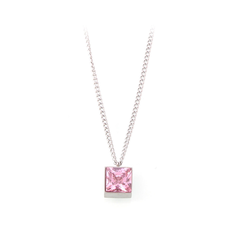 Simple and Fashion 316L Stainless Steel Geometric Cube Pendant with Pink Cubic Zirconia and Necklace