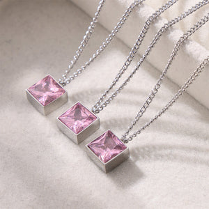 Simple and Fashion 316L Stainless Steel Geometric Cube Pendant with Pink Cubic Zirconia and Necklace