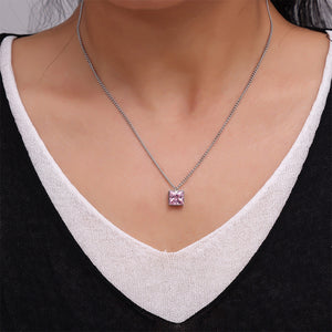 Simple and Fashion 316L Stainless Steel Geometric Cube Pendant with Pink Cubic Zirconia and Necklace