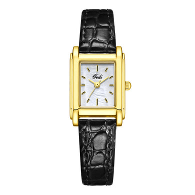 GEDI Fashion Simple Plated Gold Square Geometric Quartz Watch, White Surface Black Leather Strap