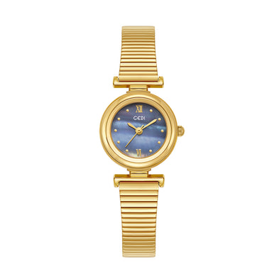 GEDI Simple Temperament Plated Gold Round Quartz Watch, Diameter 24mm, Blue Surface, Striped Metal Strap