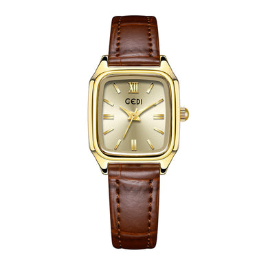 GEDI Fashion Temperament Plated Gold Square Quartz Watch Gold Surface Brown Leather Strap