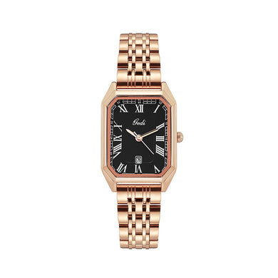 GEDI Fashion Temperament Plated Rose Gold Geometric Quartz Watch Black Surface Metal Strap