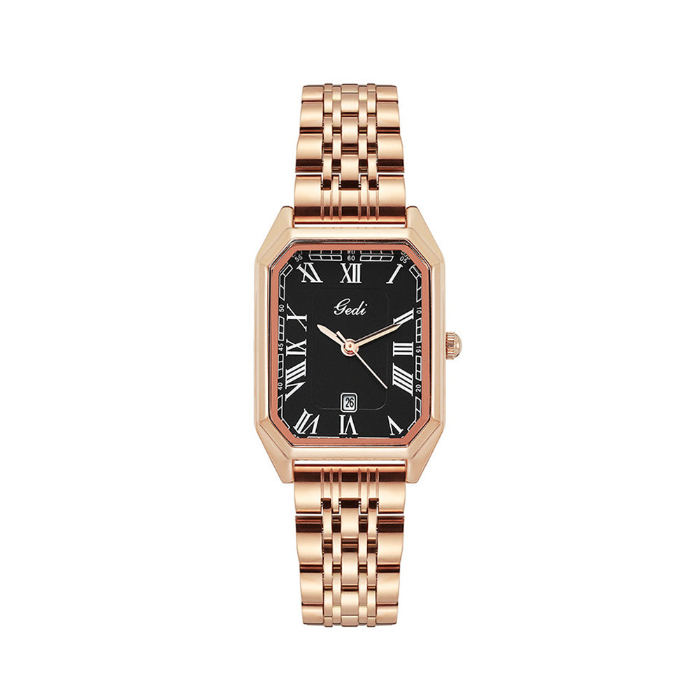 GEDI Fashion Temperament Plated Rose Gold Geometric Quartz Watch Black Surface Metal Strap