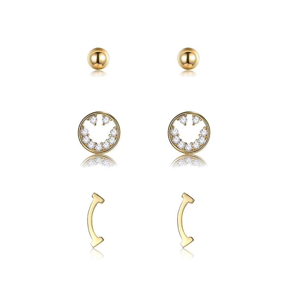 925 Sterling Silver Plated Gold Simple and Fashion Smiling Cubic Zircon Three-piece Stud Earrings