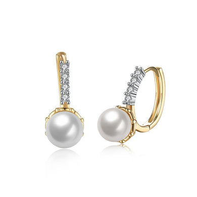 Elegant and Romantic Plated Champagne Gold Round Pearl Earrings with Cubic Zircon - Glamorousky