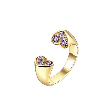 Simple and Romantic Plated Gold Double Heart Purple Cubic Zircon Adjustable Open Ring