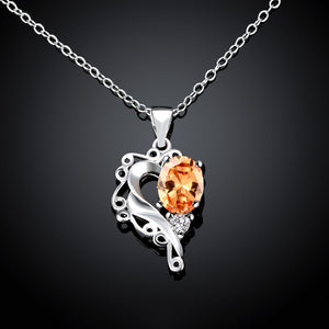 Fashion and Simple Carved Heart Pendant with Champagne Cubic Zircon and Necklace