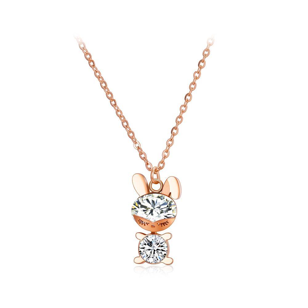Simple and Cute Plated Rose Gold Titanium Steel Rabbit Pendant with Cubic Zircon and Necklace - Glamorousky