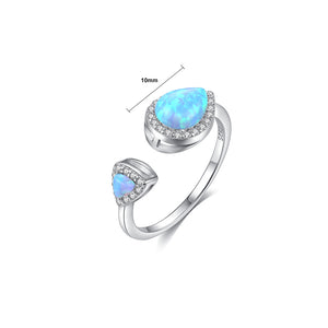 925 Sterling Silver Fashion Simple Water Drop-shaped Blue Imitation Opal Adjustable Open Ring with Cubic Zirconia