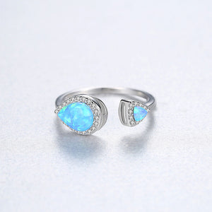 925 Sterling Silver Fashion Simple Water Drop-shaped Blue Imitation Opal Adjustable Open Ring with Cubic Zirconia