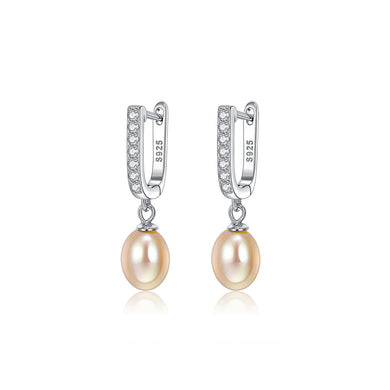 925 Sterling Silver Elegant Personality Geometric Cubic Zirconia Earrings with Orange Imitation Pearls