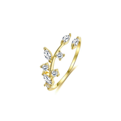 925 Sterling Silver Plated Gold Simple Fashion Leaf Cubic Zirconia Adjustable Open Ring