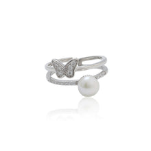 Load image into Gallery viewer, 925 Sterling Silver Fashion and Elegant Butterfly Freshwater Pearl Adjustable Open Ring with Cubic Zirconia