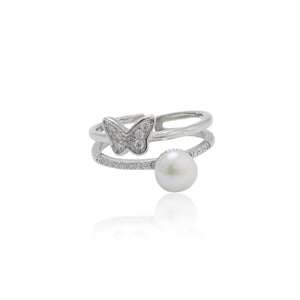 925 Sterling Silver Fashion and Elegant Butterfly Freshwater Pearl Adjustable Open Ring with Cubic Zirconia