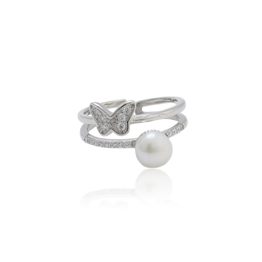 925 Sterling Silver Fashion and Elegant Butterfly Freshwater Pearl Adjustable Open Ring with Cubic Zirconia