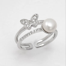 Load image into Gallery viewer, 925 Sterling Silver Fashion and Elegant Butterfly Freshwater Pearl Adjustable Open Ring with Cubic Zirconia
