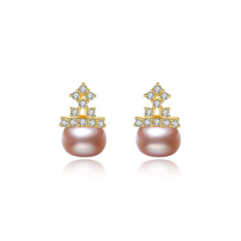 925 Sterling Silver Plated Gold Elegant Fashion Geometric Purple Freshwater Pearl Stud Earrings with Cubic Zirconia