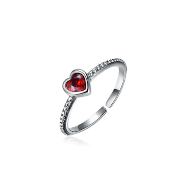 925 Sterling Silver Fashion Simple Heart Shaped Red Cubic Zirconia Adjustable Ring