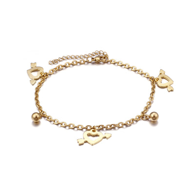 Fashion and Simple Plated Gold Cupid's Arrow Heart-shaped Round Bead 316L Stainless Steel Anklet