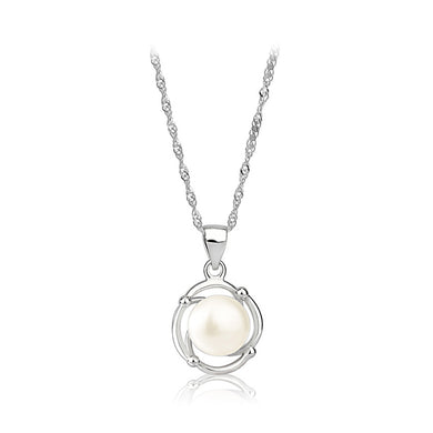 925 Sterling Silver Simple and Elegant Geometric Round White Freshwater Pearl Pendant with Necklace