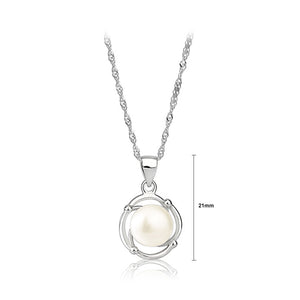 925 Sterling Silver Simple and Elegant Geometric Round White Freshwater Pearl Pendant with Necklace