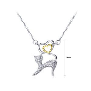 925 Sterling Silver Simple and Cute Cat Gold Heart Pendant with Cubic Zirconia and Necklace