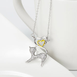 925 Sterling Silver Simple and Cute Cat Gold Heart Pendant with Cubic Zirconia and Necklace