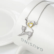 Load image into Gallery viewer, 925 Sterling Silver Simple and Cute Cat Gold Heart Pendant with Cubic Zirconia and Necklace