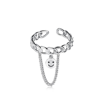 925 Sterling Silver Fashion Cute Hollow Geometric Smiley Face Tassel Adjustable Opening Ring