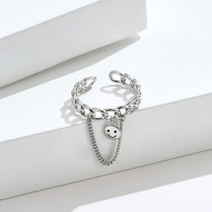 925 Sterling Silver Fashion Cute Hollow Geometric Smiley Face Tassel Adjustable Opening Ring