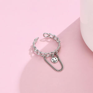 925 Sterling Silver Fashion Cute Hollow Geometric Smiley Face Tassel Adjustable Opening Ring